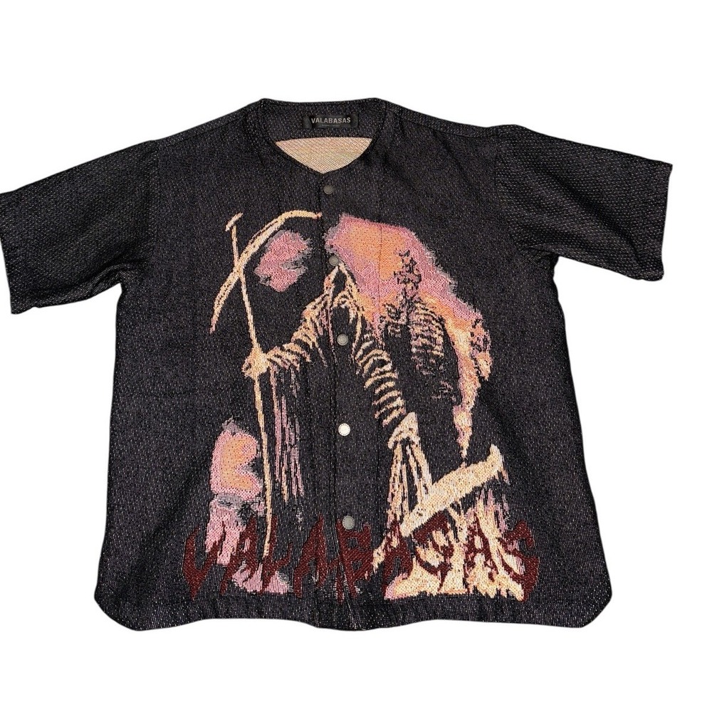 Valabasas Tapestry Shirt Mens XXL Black Grim Reaper Graphic Snap Button Up‎